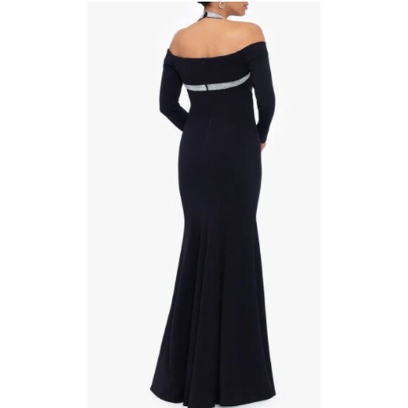Betsy & Adam Rhinestone Halter Neck Long Sleeve Gown - Picture 2 of 4